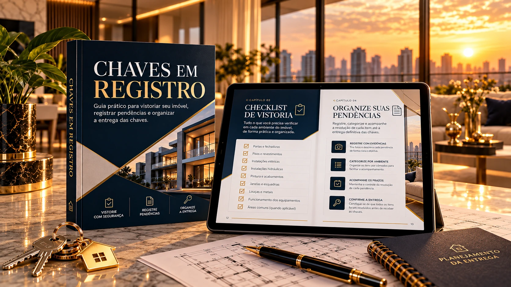 Imagem ilustrativa do guia Chaves em Registro sobre mesa com chaves e checklist