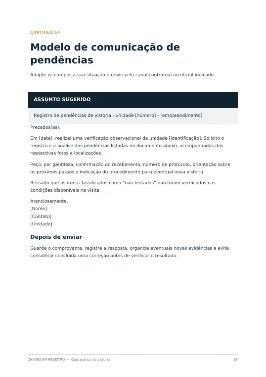 Página real com modelo para o registro de pendências